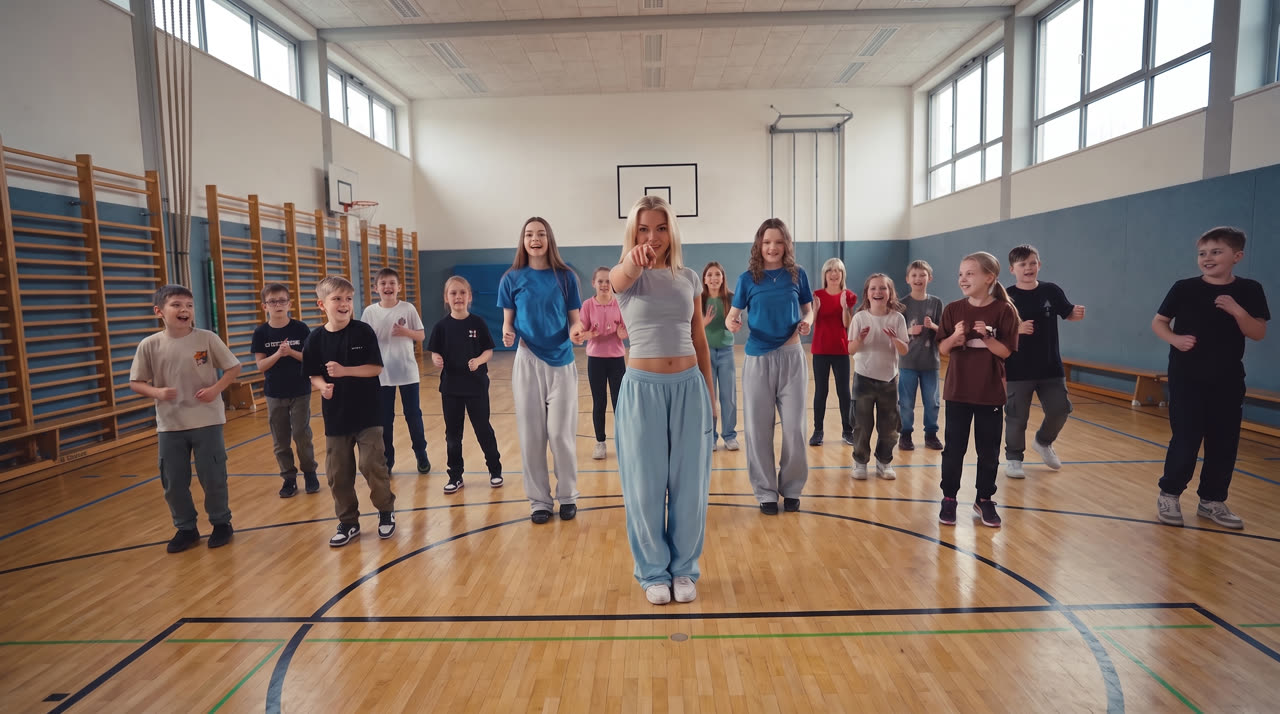 Coach der D!’s Dance School tanzt mit einer Schulklasse in der Sporthalle